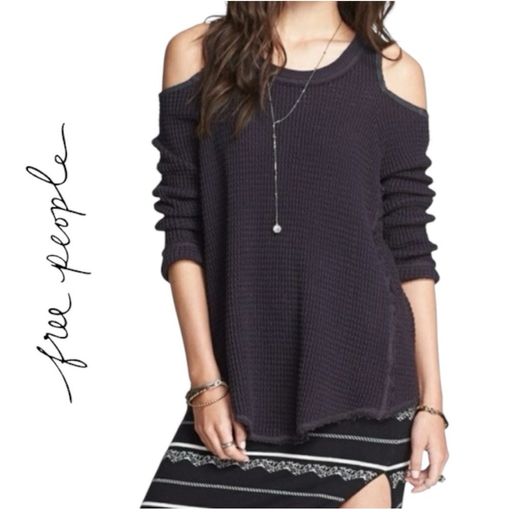 Free People Sunrise Cold Shoulder Thermal Black Sweater - Size XS‎